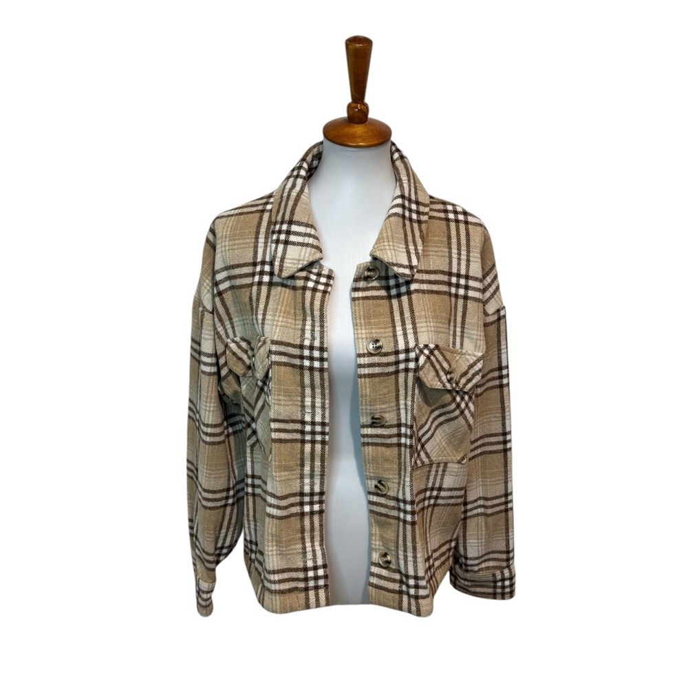 Altar’d State Plaid Button-Up Shacket Jacket Brown Size Large